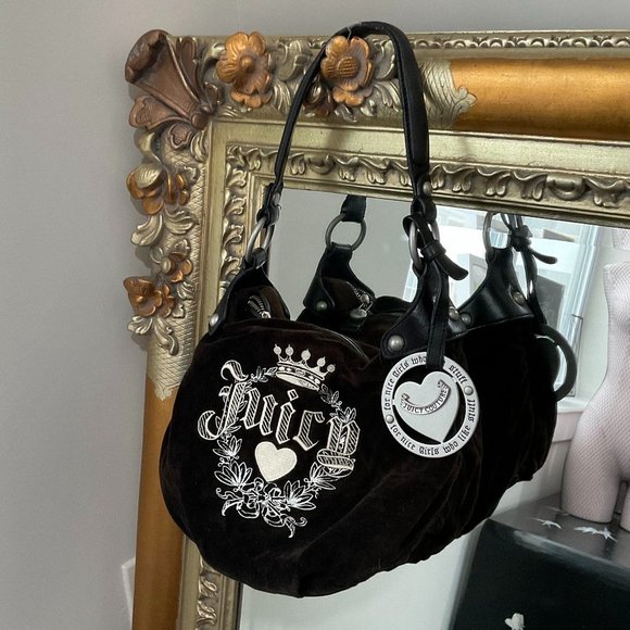 Juicy Couture Handbags - vintage y2k Juicy Couture Suede Logo Embroidered Shoulder Bag Brown